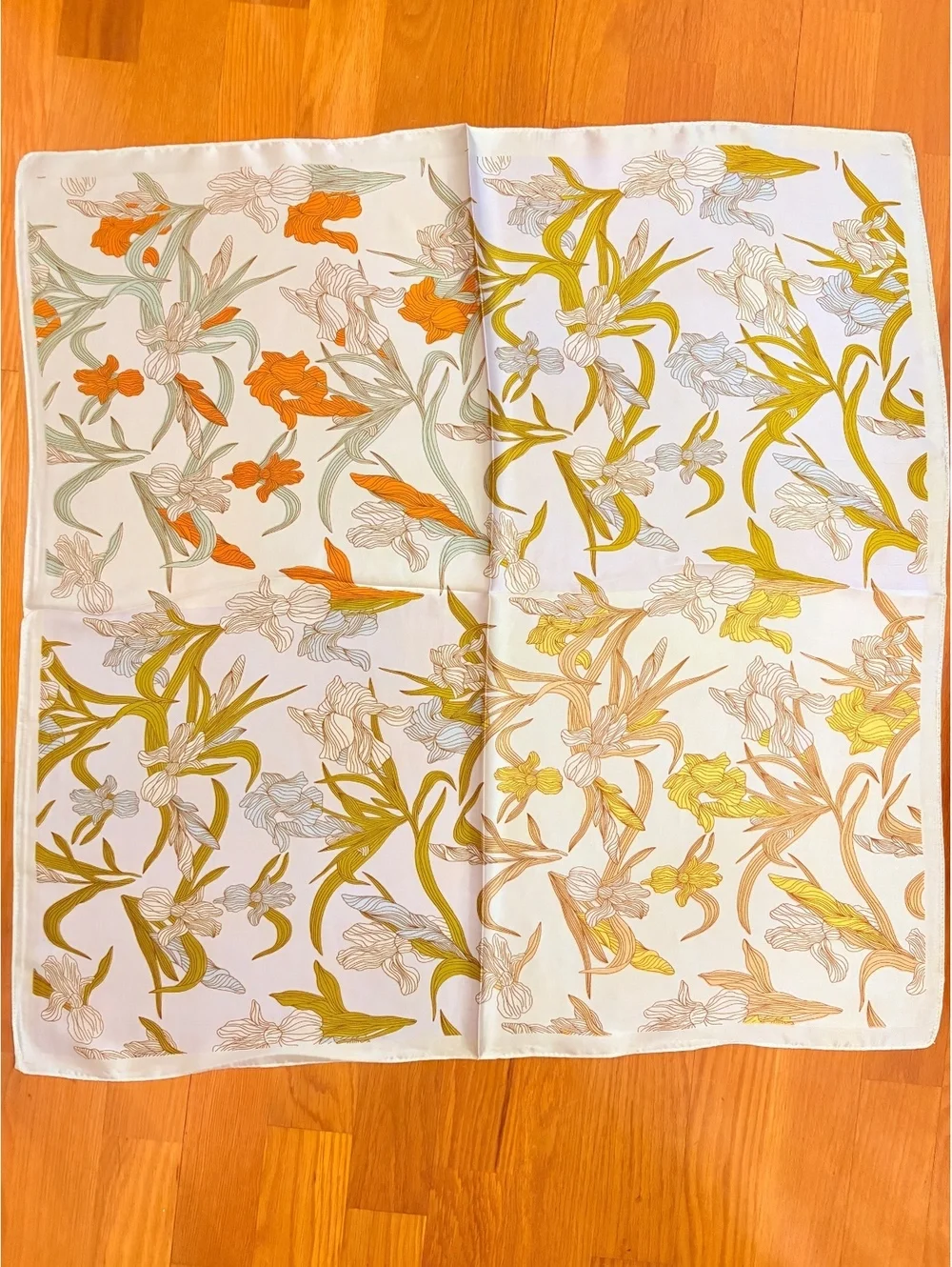 Elegant Satin Polyester Floral Scarf in Orange, Yellow, and Green – 68cm x 68cm